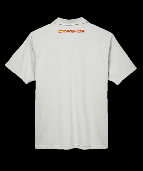 White polo shirt with a logo on the back against a white background