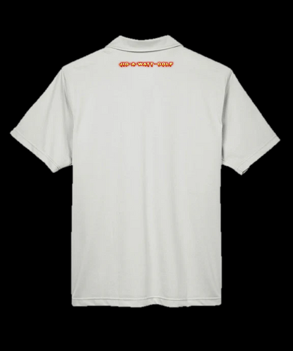 White polo shirt with a logo on the back against a white background
